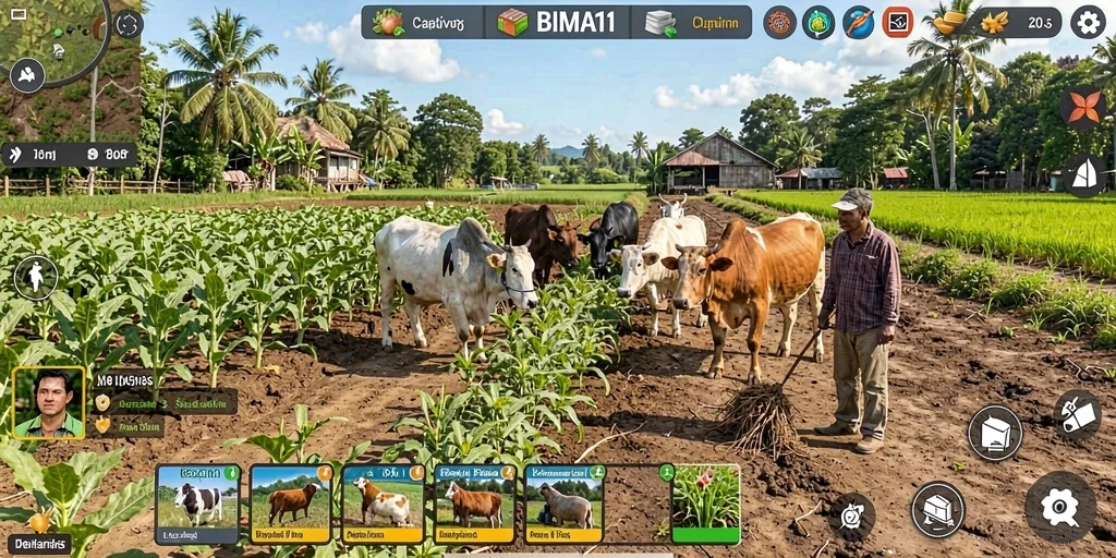 Tampilan gameplay menarik dari BIMA11 yang menunjukkan aktivitas bertani.