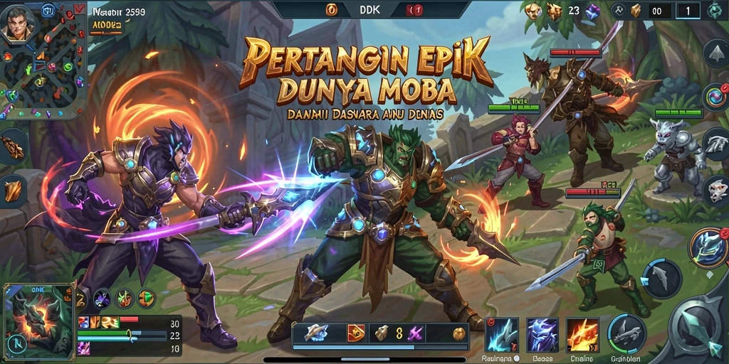Screenshot utama DKK menunjukkan pertarungan dinamis di arena MOBA.