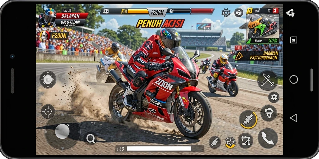 Screenshot gameplay F200M yang menunjukkan aksi balapan motor yang seru.