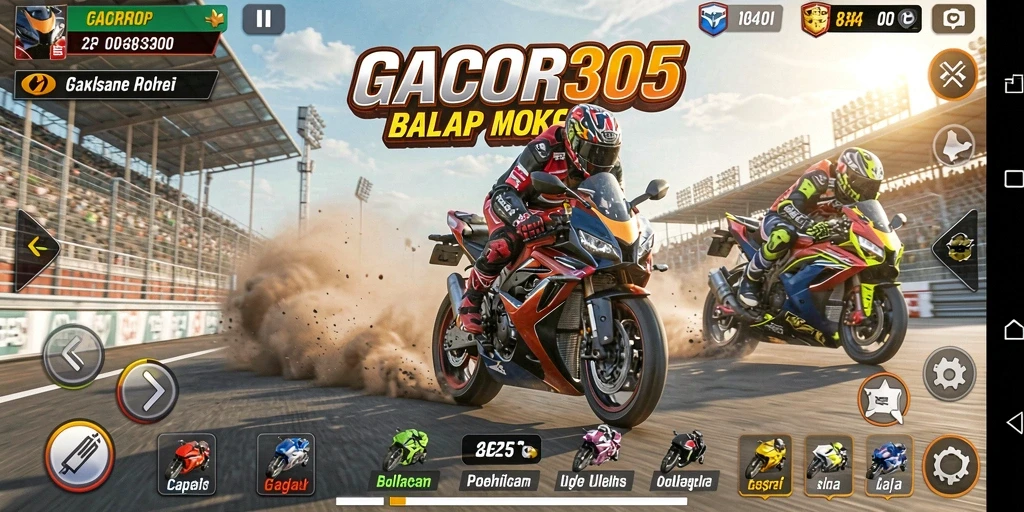 Screenshot GACOR305 menampilkan momen seru balap motor dengan kecepatan tinggi.