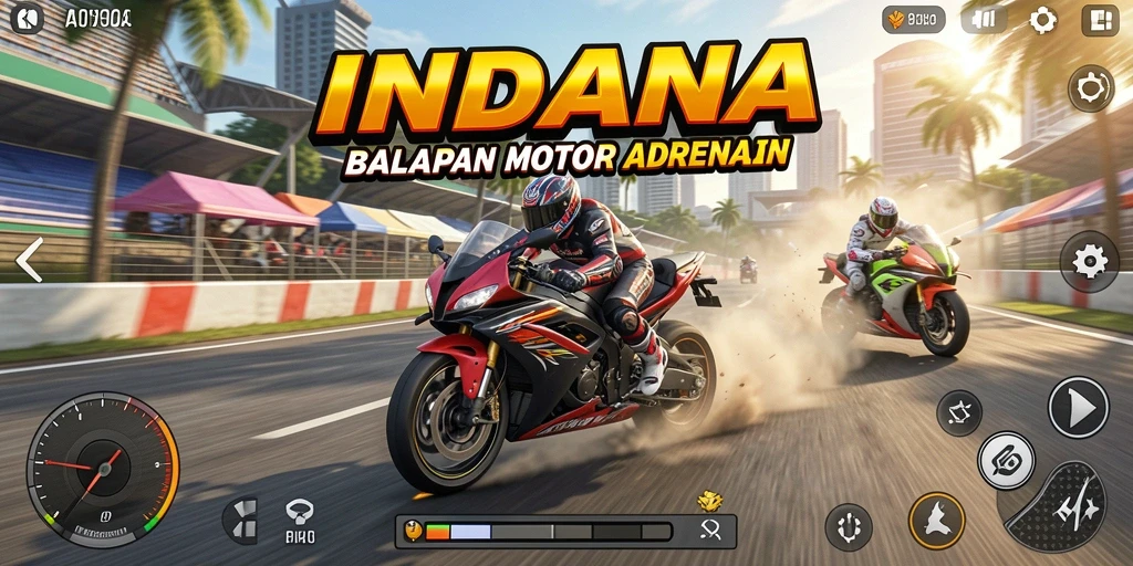 Screenshot gameplay INDAAA menampilkan balapan motor yang seru dan mendebarkan.