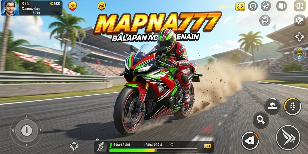 Screenshot gameplay MAPNA777 menampilkan balapan motor yang menegangkan.