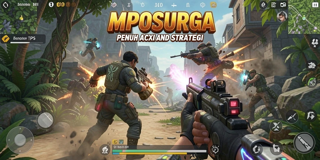 Tangkapan layar utama <strong>MPOSURGA</strong> menampilkan aksi gameplay TPS yang mendebarkan.