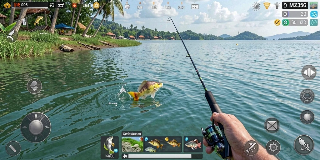 Screenshot utama MZ356 menampilkan gameplay memancing yang seru dan realistis.