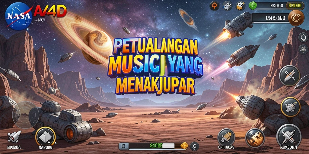 Screenshot menunjukkan tampilan antarmuka utama NASA4D dengan berbagai pilihan musik.