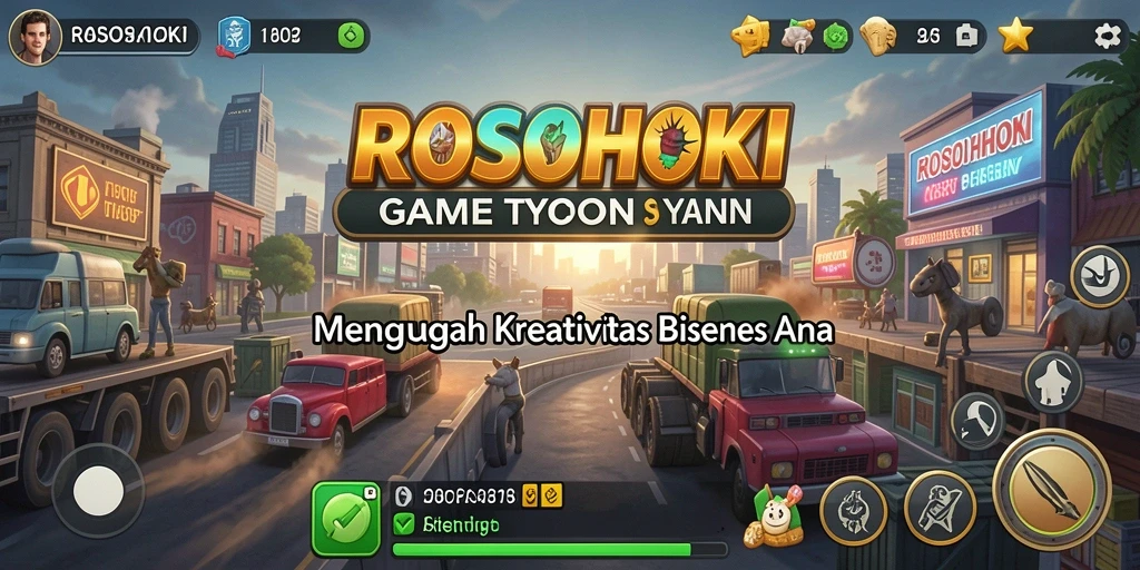 Screenshot utama ROSOHOKI menampilkan gameplay kolaboratif dan strategi bisnis.