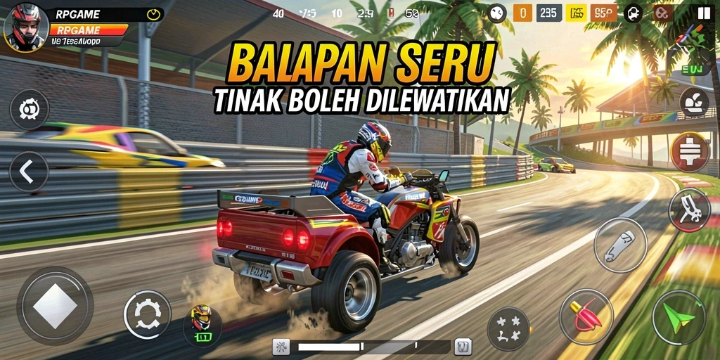 Screenshot RPGAME menunjukkan aksi balapan yang mendebarkan di trek yang menantang.