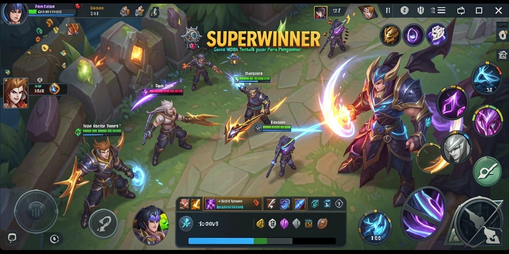 Screenshot gameplay SUPERWINNER menampilkan aksi pertempuran tim yang mendebarkan.
