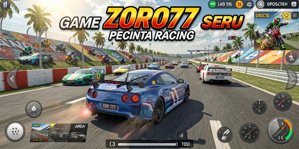 Screenshot gameplay ZORO77 menampilkan aksi balapan yang mendebarkan.